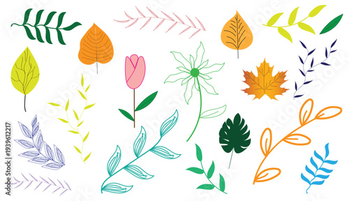 botanical leaf collection simple flat plant elements vector,
colorful botanical leaves and branches vector set illustration,
modern plant leaf collection with floral elements vector set