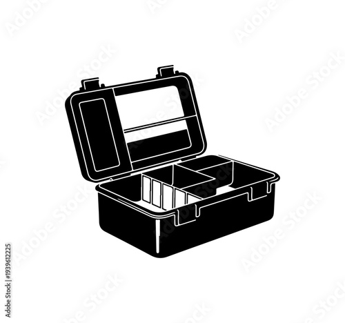 Vector illustration of open black toolbox with compartments