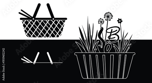 Black and white icons featuring a woven picnic basket and a flower box with tall grass and blooms for garden themes.