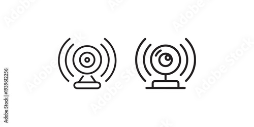 Webcam line icons showing digital camera broadcasting signal for video conference streaming and online communication technology for remote work and meetings