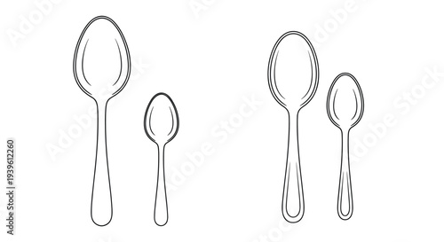 Simple line drawing of two pairs of large and small spoons shown in different outline styles on a white background.