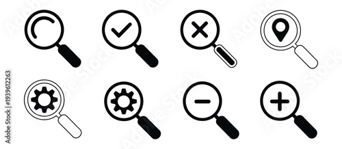 Magnifying glass icons with various symbols for search and inspection business and technology
