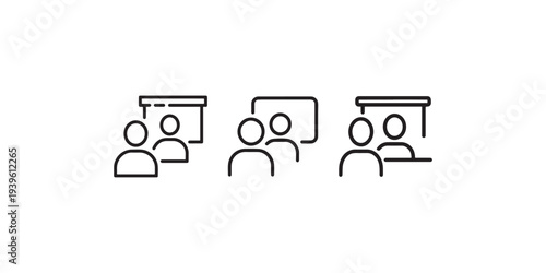 Presentation line icons featuring speakers and audience members at business seminars and educational workshops for professional development and team training