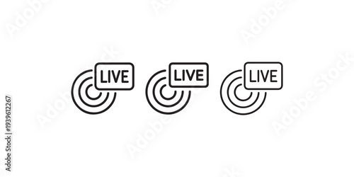 Live streaming icons with signal waves and text label for social media broadcasting content creation and real time video transmission for digital marketing