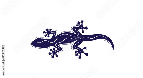Stylized dark blue silhouette of a gecko lizard with flowing white internal line patterns on a plain white background.