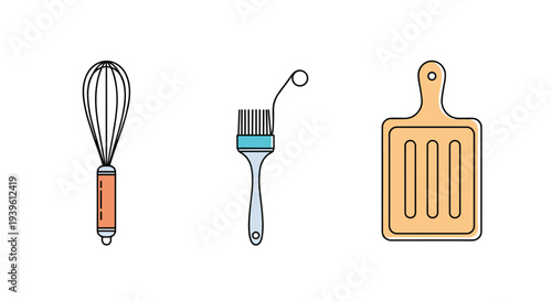 Set of colorful kitchen icons including a wire whisk, a blue pastry brush, and a wooden cutting board on white background.