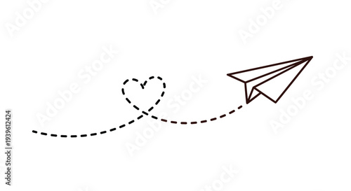 Minimalist paper plane flying with a dotted line forming a heart shape symbol on a clean white background for love concept.
