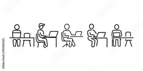 People working at desks with laptops, line art icons of individuals engaged in office work, study, or remote tasks