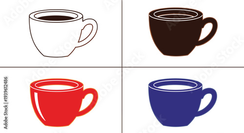 Grid arrangement of four coffee mugs or tea cups in different colors including white brown red and blue on a plain background.