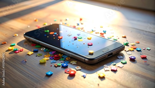 Modern smartphone on a wooden table surrounded by physical colorful social media notification icons representing digital communication overload and high mobile engagement