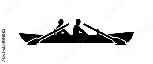 Black silhouette of two people kayaking vector icon