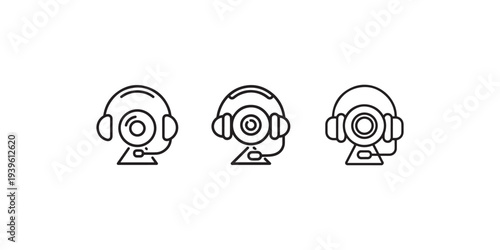 Three line art icons of webcams with headphones and microphones for online communication video calls streaming or virtual meetings