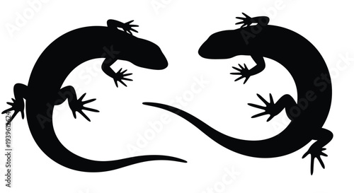 Two solid black silhouettes of lizards or salamanders facing each other with curved tails on a white background.
