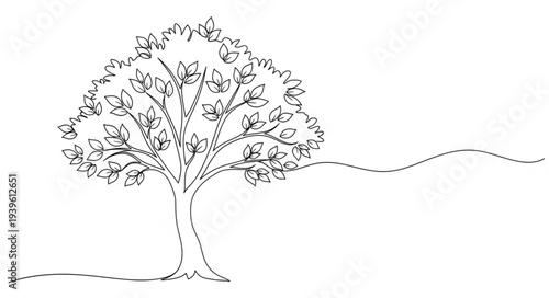 Single Tree Illustration with Branches and Leaves.