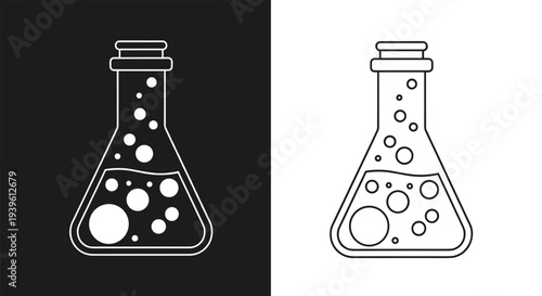 Two variations of a bubbling laboratory flask icon with circular bubbles shown on contrasting black and white backgrounds.