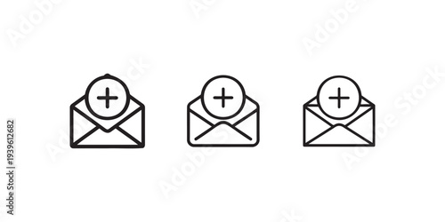 Envelope add new message icon set with plus sign circle for email communication inbox mail invitation letter document management and contact us button