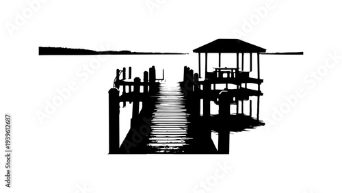 Black silhouette of a dock with gazebo vector