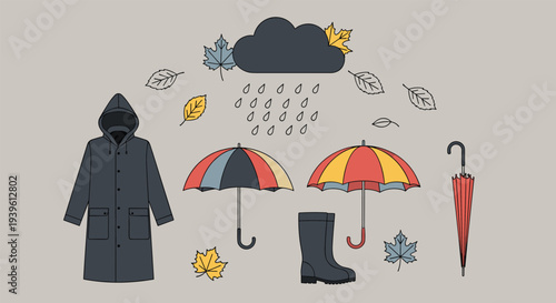 Autumn rain themed illustration set featuring a hooded raincoat umbrellas rubber boots and falling maple leaves.