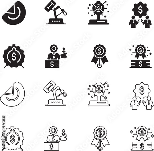 Business leverage and strategy icons in flat design. Symbols representing competitive advantage, scale efficiency, synergy collaboration, equity investment and profit growth concepts..eps