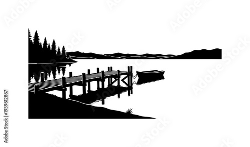 Vector silhouette of dock and boat on lake with trees
