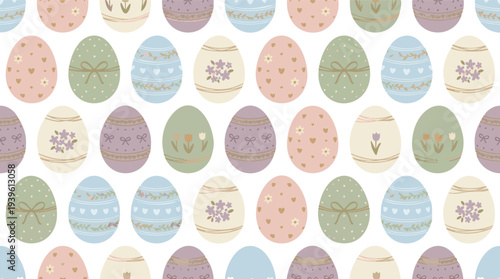 Seamless pattern of pastel Easter eggs with floral and checkered designs, perfect for spring celebration and festive decor