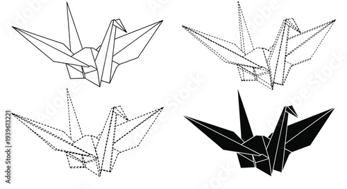 Four different artistic renderings of an origami crane shown in solid black, thin outline, and various dashed line styles.