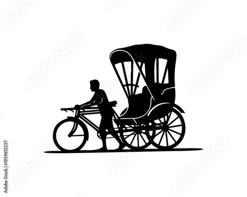 Vector silhouette of man riding bicycle with rickshaw