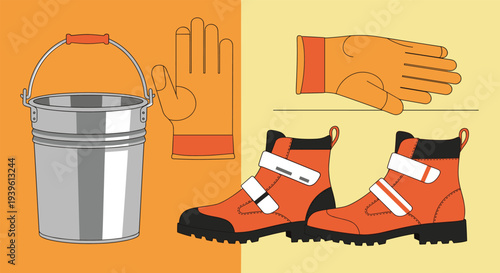 Workplace safety equipment set featuring a metal bucket, protective work gloves, and durable safety boots in orange and grey.