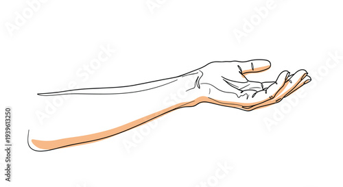 Continuous line drawing of a human arm and hand reaching out with a soft orange watercolor wash for added depth.