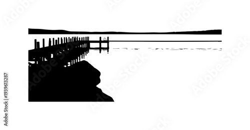 Black silhouette of pier on water, vector illustration