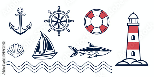 Nautical icon set with anchor ship wheel lifebuoy lighthouse sailboat and shark