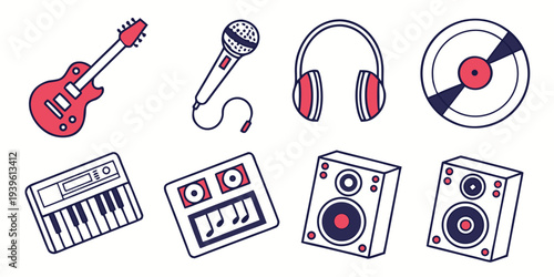 Set of musical instruments and audio equipment icons including guitar, microphone, headphones, vinyl record, keyboard, and speakers in a flat doodle style illustration