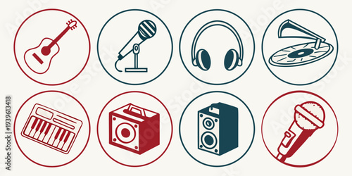 Set of musical instrument and audio equipment icons in circular frames