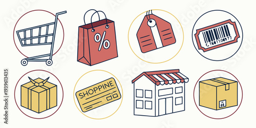 Set of ecommerce and retail shopping icons with cart bag tag barcode gift card store and package