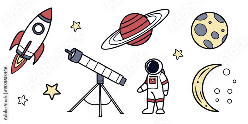 Set of cute handdrawn space elements including rocket, planet, telescope, astronaut, moon, and stars