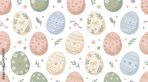A charming and festive seamless pattern featuring delicately decorated Easter eggs in pastel colors, perfect for spring celebrations and creative projects