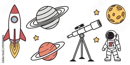 Set of space exploration elements including rocket, planets, telescope, moon, and astronaut