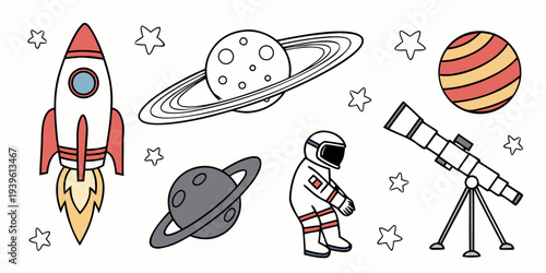 Cute hand drawn space elements set with rocket astronaut planets and telescope