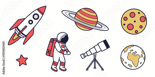 Set of cute space themed hand drawn doodle icons featuring a rocket, astronaut, planet, telescope, moon, and star
