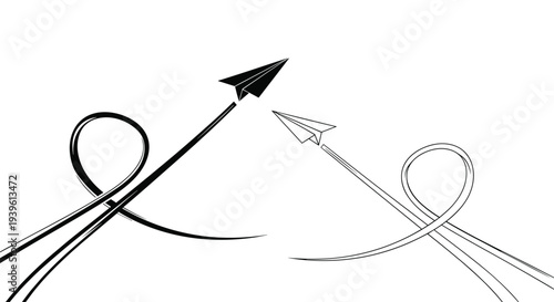 Two paper airplanes, one black and one white, flying in opposite directions with creative loop-de-loop flight paths.