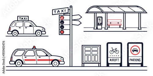 Urban transportation and city street infrastructure line art illustration