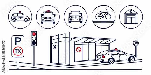 Urban traffic and parking infrastructure line art icons set