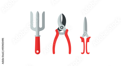 Trio of gardening hand tools including a three-pronged fork, heavy duty shears, and precise trimming scissors.