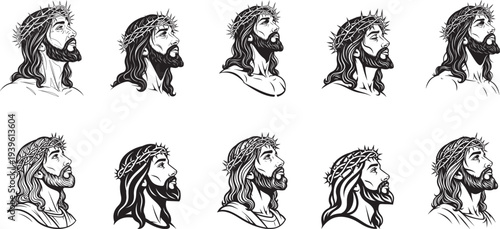 Jesus Christ, depicted in a monochrome, line-art style collection, various styles his eyes focused upwards on white background.