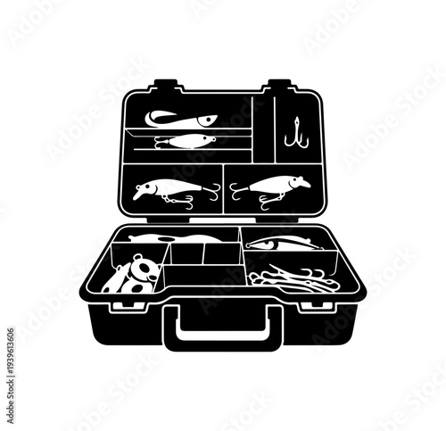 Vector illustration of open tackle box with fishing lures and hooks