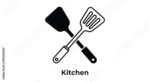 Crossed kitchen spatulas featured in solid black and outlined styles with the word kitchen displayed beneath them for culinary design.