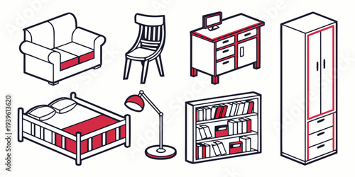 Set of isometric furniture icons including sofa, chair, desk, wardrobe, bed, lamp, and bookshelf in a minimalist line art style with red accents