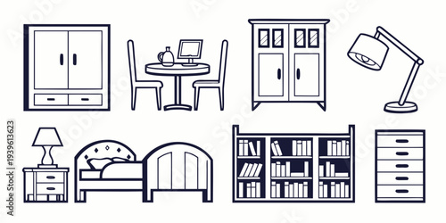Set of hand drawn furniture icons including bed, bookshelf, table, chairs, lamp, wardrobe and dresser