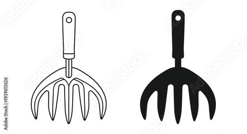 Pair of garden hand rakes or cultivators shown in solid black and outlined versions for landscaping and horticultural projects.