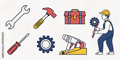 Set of construction and repair tools with a worker character, including wrench, hammer, toolbox, screwdriver, gear, and power drill, illustrated in a flat vector style for maintenance concepts